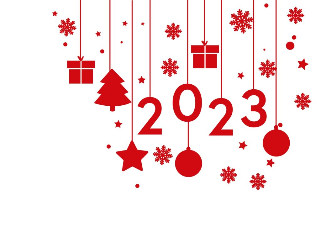 Die Illustration zeigt eine rote Weihnachtsgirlande auf weißem Hintergrund einschließlich der Jahreszahl 2023