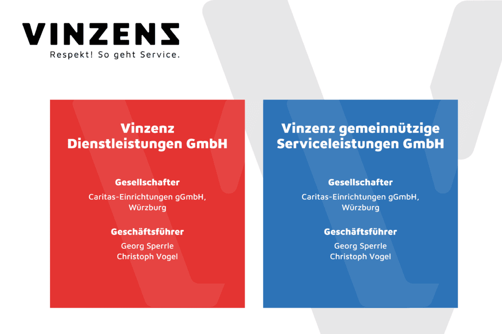 Zwei Boxen , rot und blau, zur Darstellung der beiden Vinzenz-GmbHs