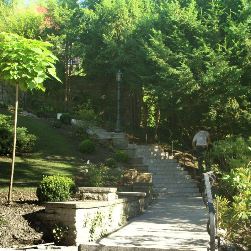 Treppenweg mit Geländer führt durch Grünanlage